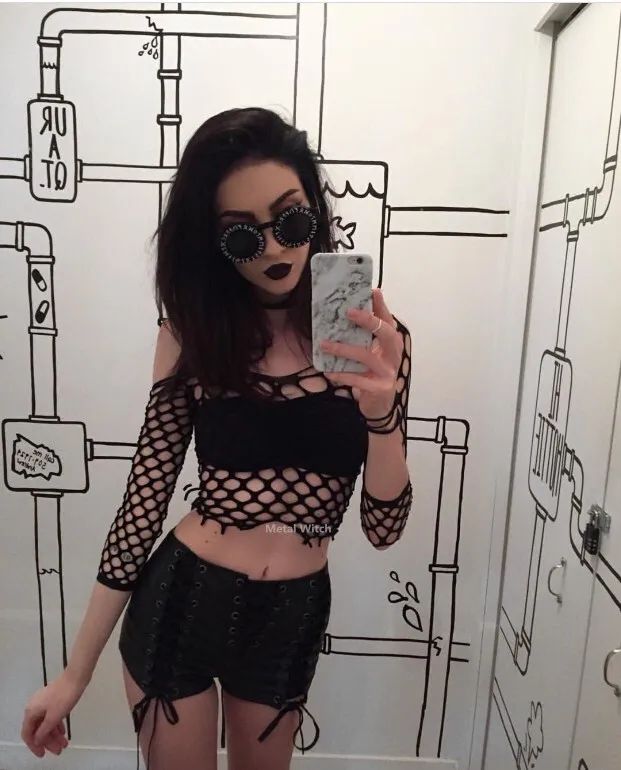 Gothic Subculture Rock Punk Style Sexy Mesh Perforated Jumpsuit DIY Tight Bottom T-shirt