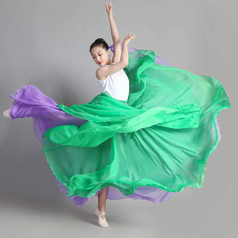 360-720 Degree Chiffon Skirt Ballet Belly Dance Women Two Layer Color Splicing Long Skirts Dancer Practice Wear Dance Skirt