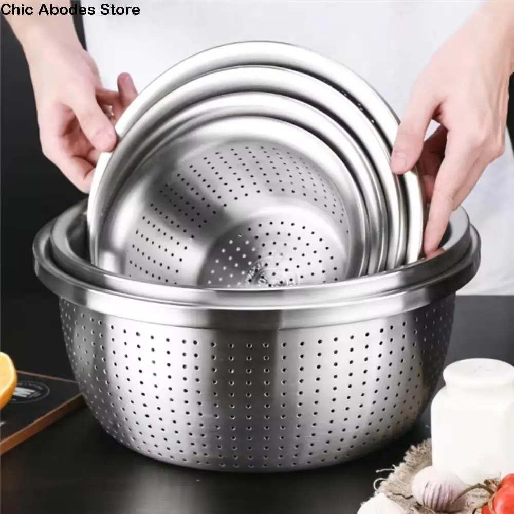 Round Stainless Steel Drain Basket Widened Edge Rust-proof Rice Washing Basket Anticorrosive Multiple Drainage Holes Drain Basin