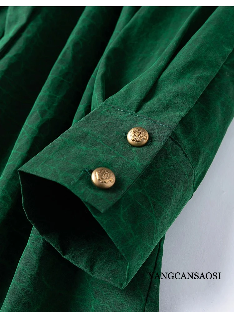 جودة تحسس الرجعية الغابات الخضراء 100% التوت الطبيعي الحرير السلاحف الكراك عبق سحابة الغزل كم طويل فضفاض الدانتيل قميص فستان