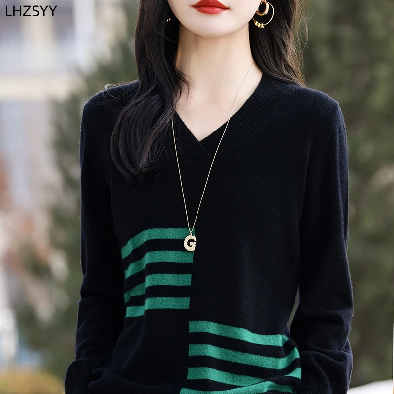 LHZSYY 100%Merino Woollen Sweater Ladies Fashion Bubble Sleeves Pullover Loose New Collision Color Blouse Jacket Knit Base Shirt