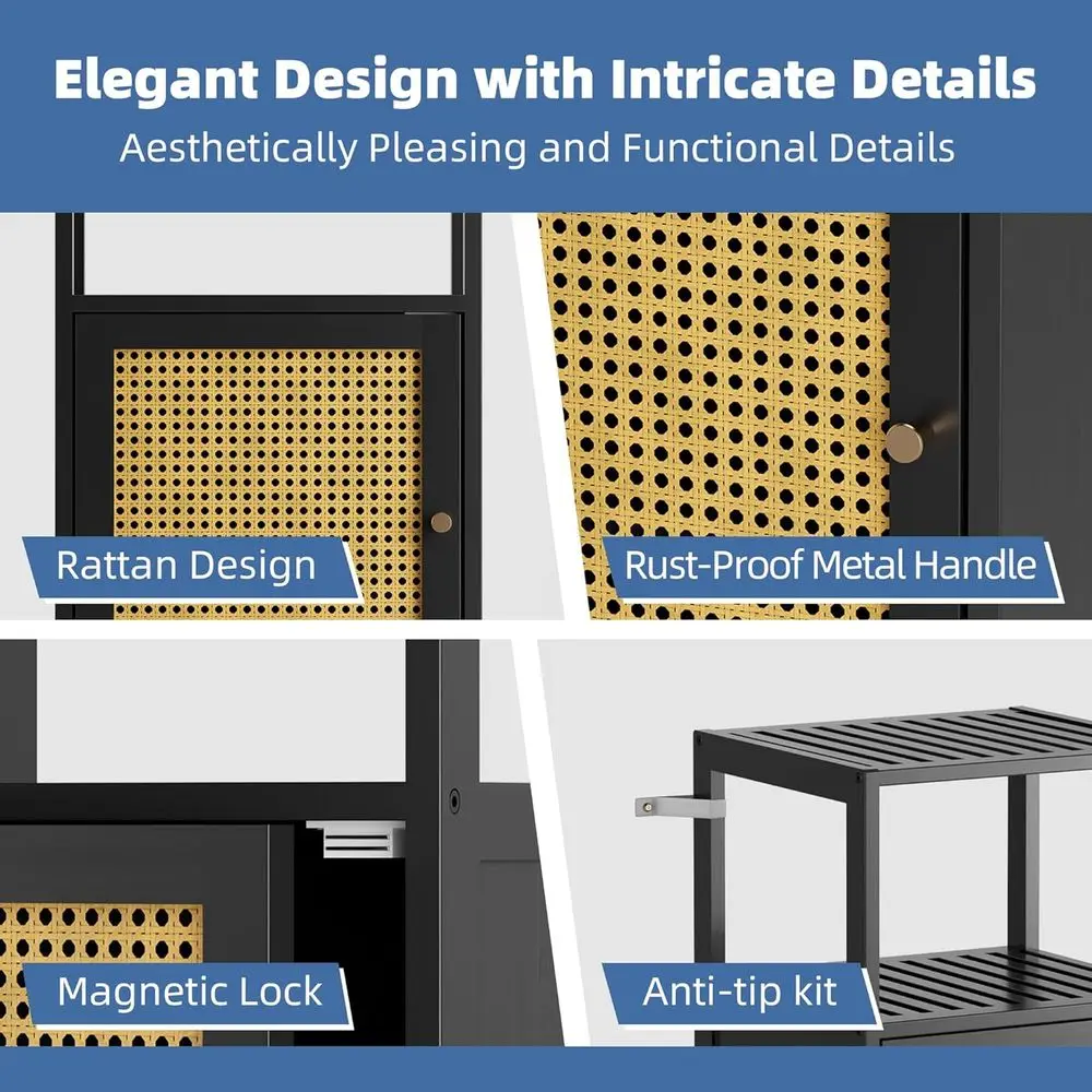 Компактный бамбуковый шкаф для хранения небольших ванных комнат с дверцей из ротанга, гладкий черный отдельно стоящий кухонный шкаф