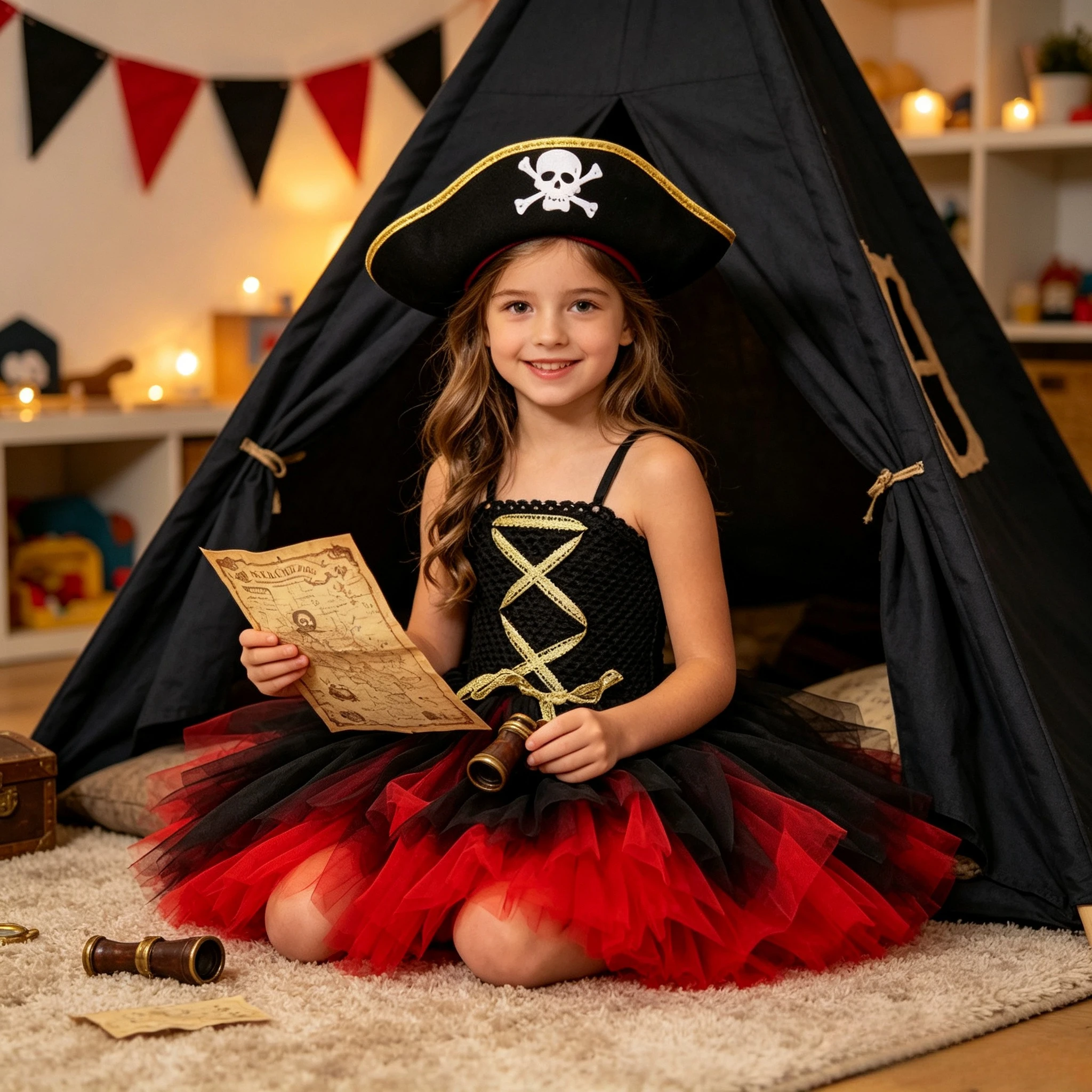 Girl Pirate Captain Style Black Red Sparkle Fluffy Tulle Dress For Children Halloween Party Stage Performance Fancy Dress Up Set