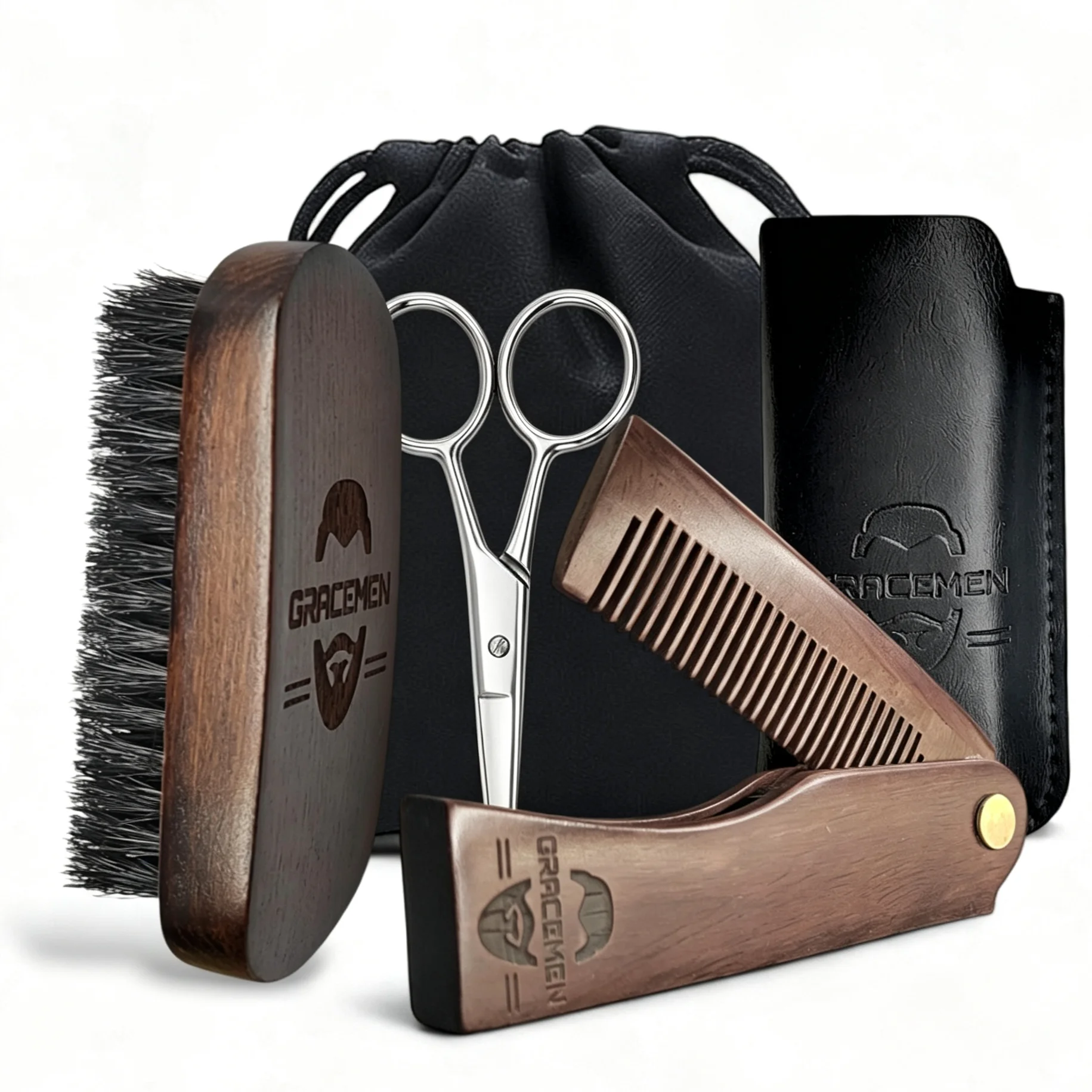 Mens Grooming Kit Bag - Gracemen Beard Kit - แปรงเคราย้อนยุคและหวีพับพรีเมี่ยมและกรรไกรสแตนเลสชุดกรูมมิ่งสําหรับผู้ชายพร้อมกระเป๋าและเคส PU