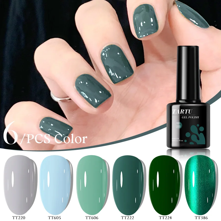 مجموعة طلاء أظافر جل مكونة من 6 قطع، أخضر وأحمر وبني لامع عاري 6 ألوان طقم طلاء جل شبه دائم، نقع بالأشعة فوق البنفسجية/Led، مانيكير فن الأظافر
