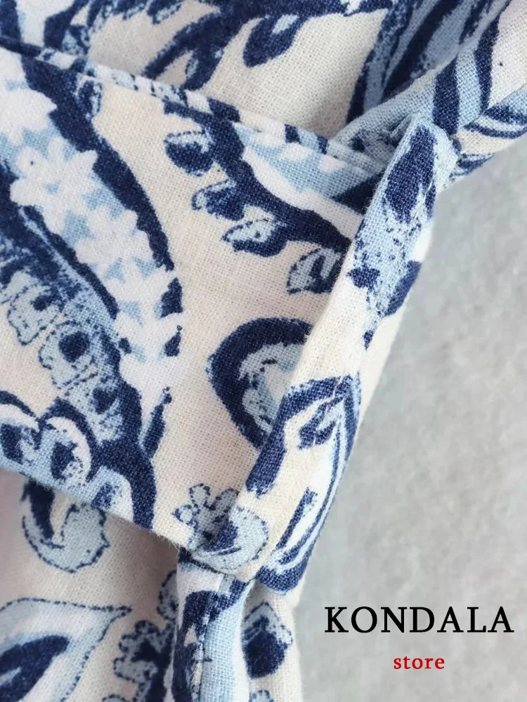 KONDALA Vintage Blue Flower Print Chic Women Suit V-Neck Bow Top+Zipper Straight Loose Pants New Fashion 2023 Summer Sets