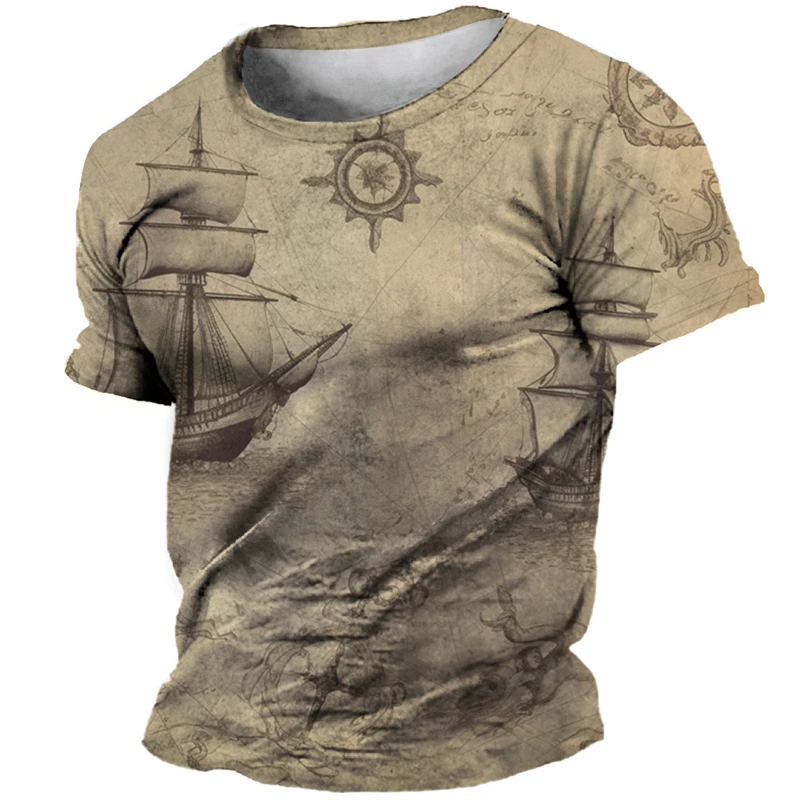 3D Vintage Compass Print T-Shirt For Mens Short Sleeve Tops Fashion Street Ship Graphic T Shirt Oversized Tee Shirt Men Clothing