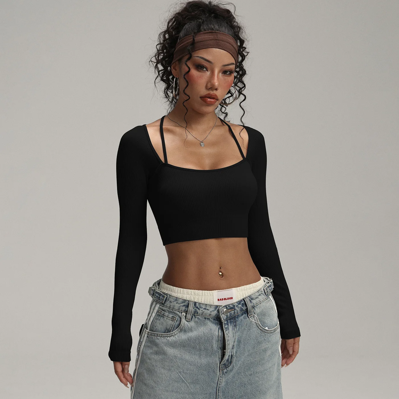 

Autumn Winter New Thread Sports Top Quick Drying Fitness Suit Slim Fit Tight Neck Hanging High Stretch Long Sleeved Yoga Suit