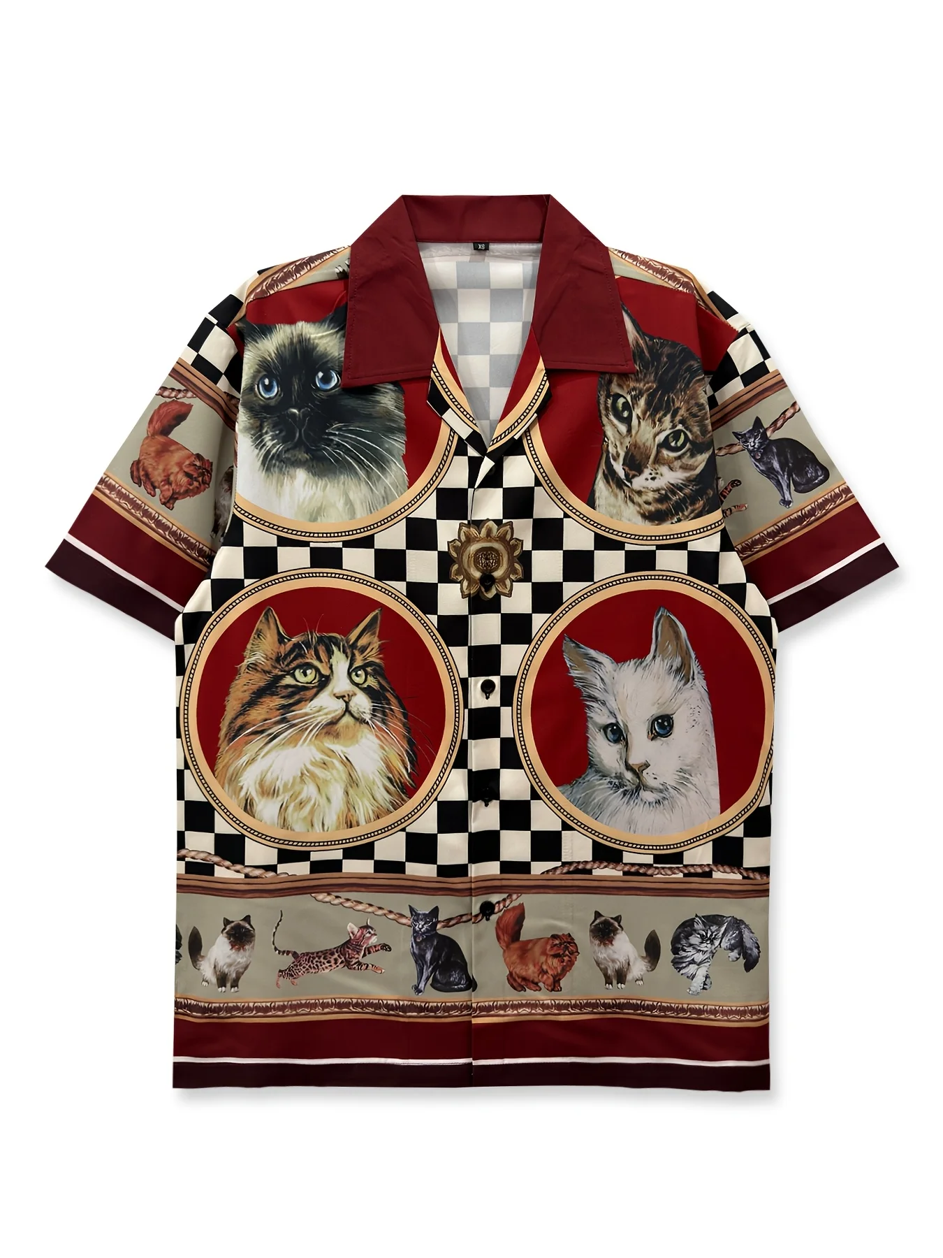 A Print Shirt in Red, Featuring a Vintage Style with a Cat Pattern, a Black And White Checkered Design, Perfect for Vacations