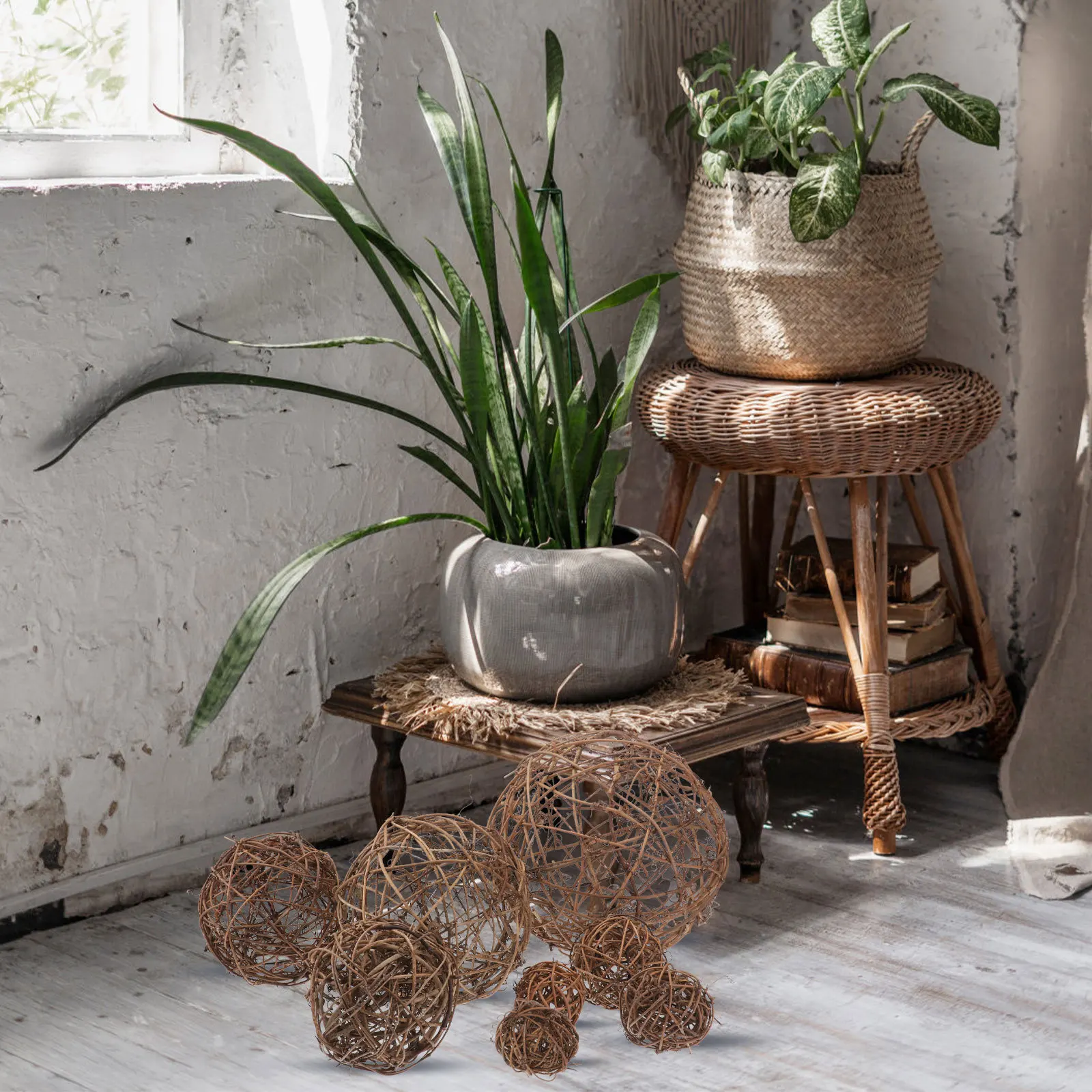 

8pcs Flower Art Decoration Balls Rattan Woven Balls For Party Layout Decor Diy Craft Natural Hollow Ornament Scene Photography