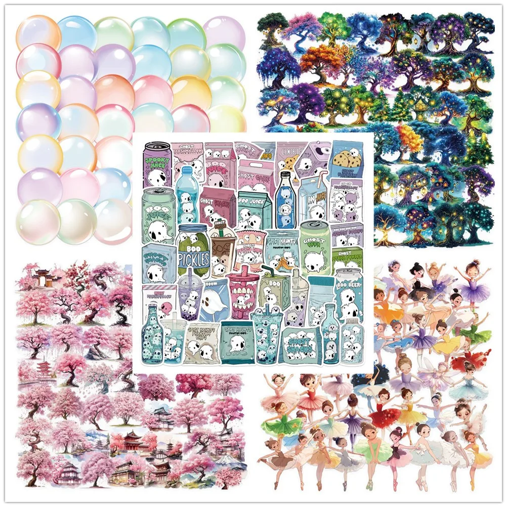 Variety 50P/250CS Transparent PET Cartoon Plastic Sticker Pack DIY for Waterproof Decor Notebook Stationery Pen Holder