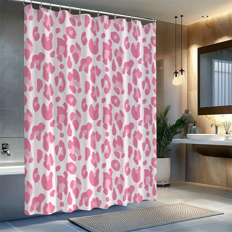 1pc Playful Pink Leopard Print Shower Curtain - Modern Whimsical Design, Durable Polyester Fabric, 177.8x177.8 cm with 12 Hooks,