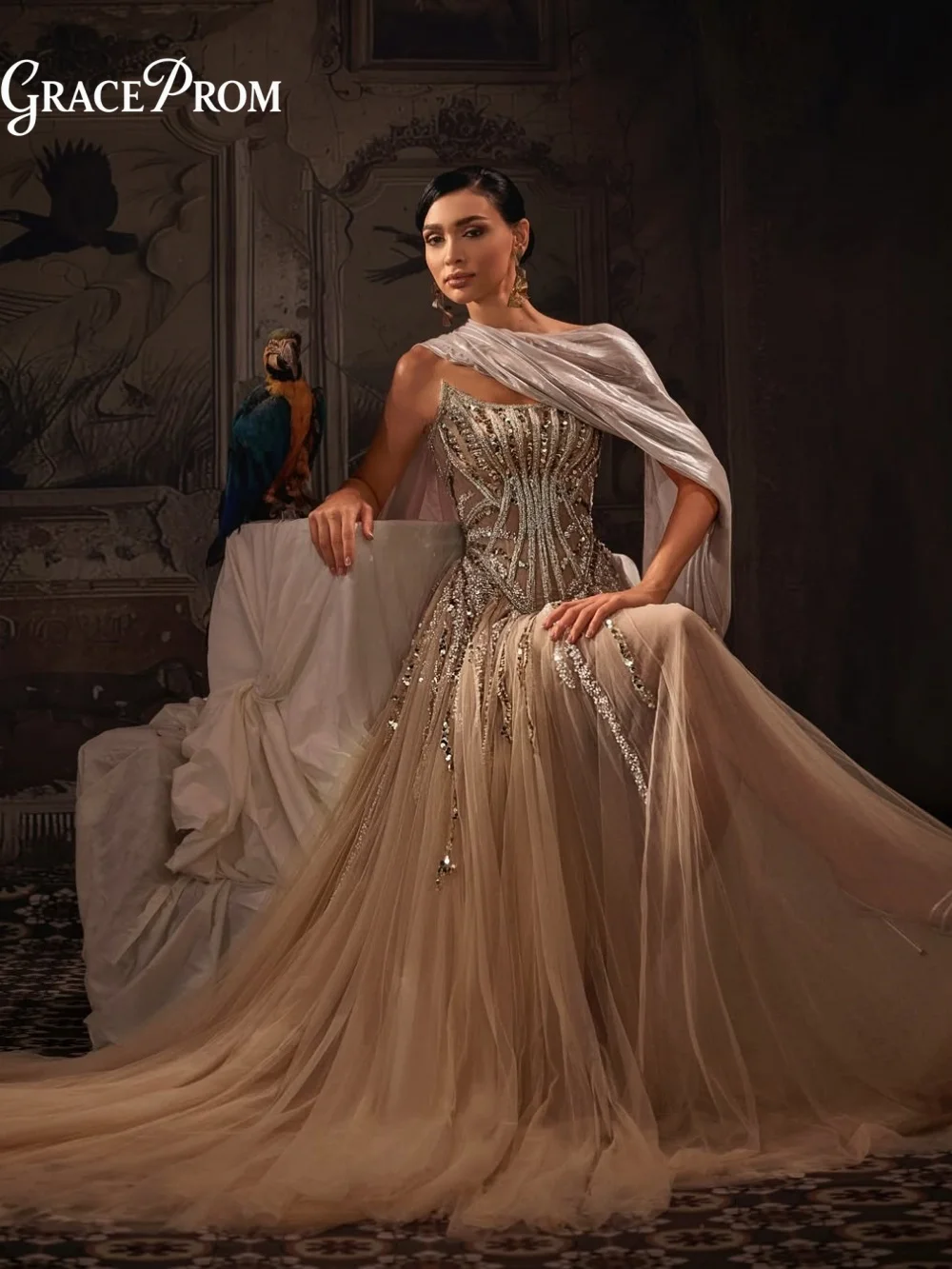 

Luxurious Asymmetric Neckline Dress A Line Sheer Bodice Beaded Draped Shawl Party Dress Evening Gown Wedding Guests فساتين سهرة