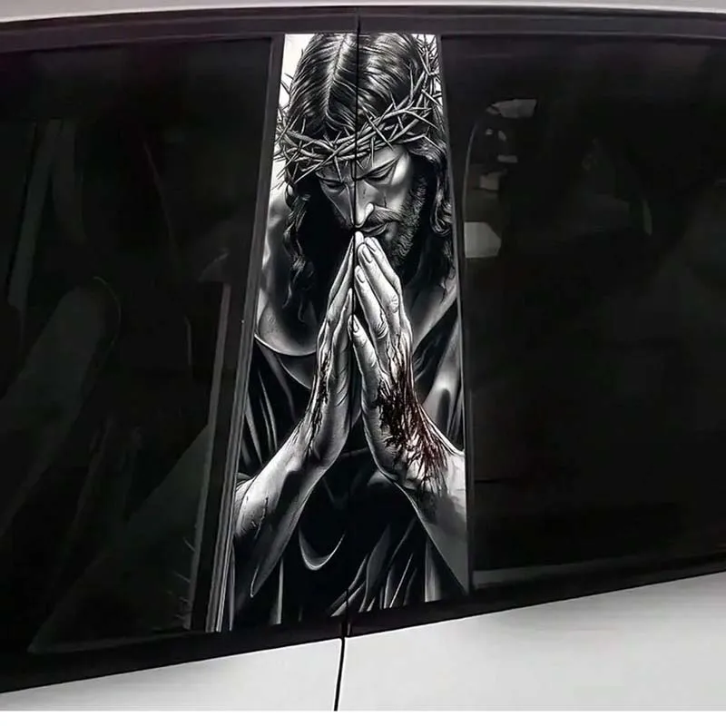 2 pieces of Jesus prayer pattern car stickers, car door pillar protection stickers, easy to stick and peel off, sun protection,