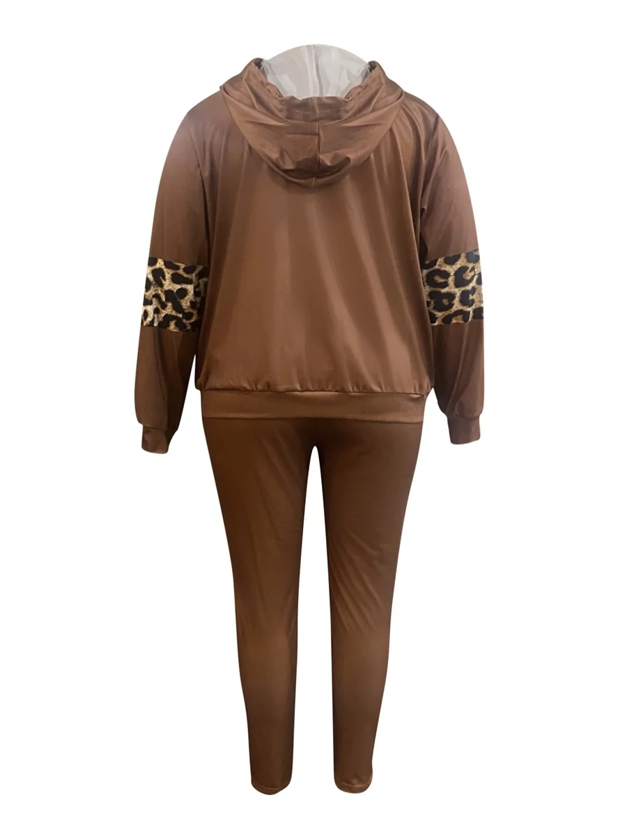 LW Plus Size Casual Outfits Set Women\'s Plus Leopard & Lip Print Long Sleeve Drawstring Hoodie & Pants Outfits 2 Piece Set