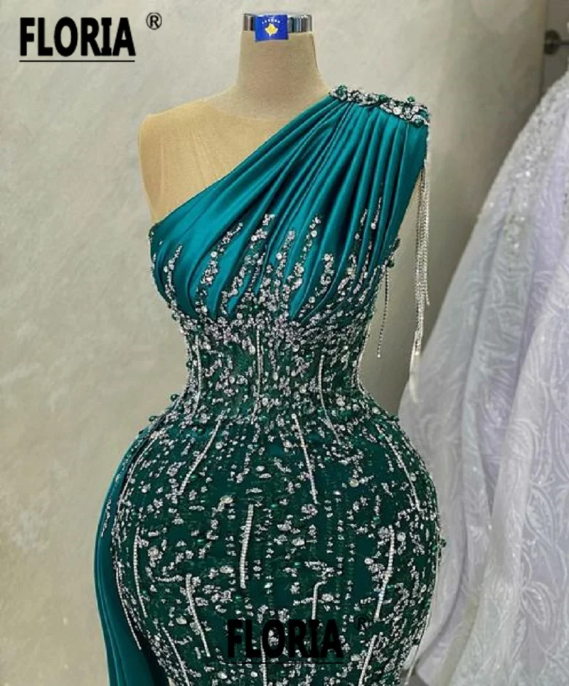 Luxury Beaded Tassel Mermaid Evening Dresses Dubai Arabic One Shoulder Dark Green Celebrity Party Gowns Prom Party Dress Elegant