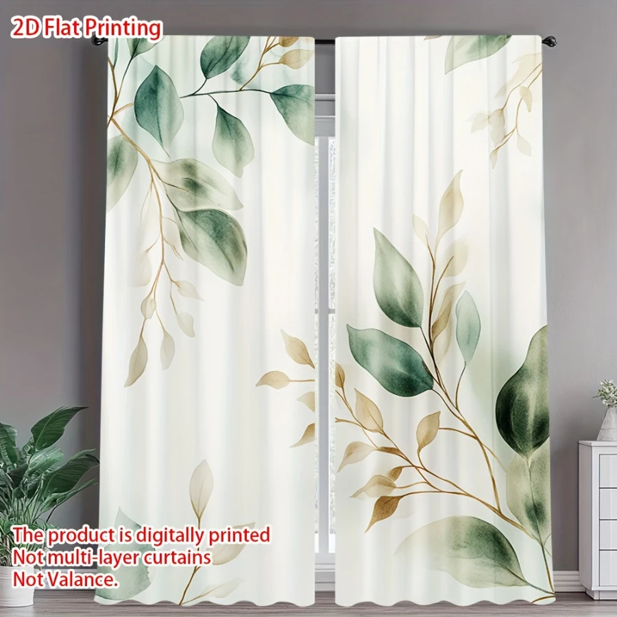 2PCS Digital Print  Curtain, Minimalist Green Leaves, Rustic Farmhouse Window Treatment Drape for Bedroom Kitchen Decor
