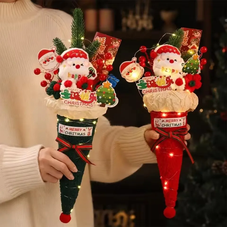 New Cone Shaped Christmas Bouquet Fabric Ribbon Bow Snowman Bouquet Christmas Themed Ice Cream Cone Bouquet Christmas Decor