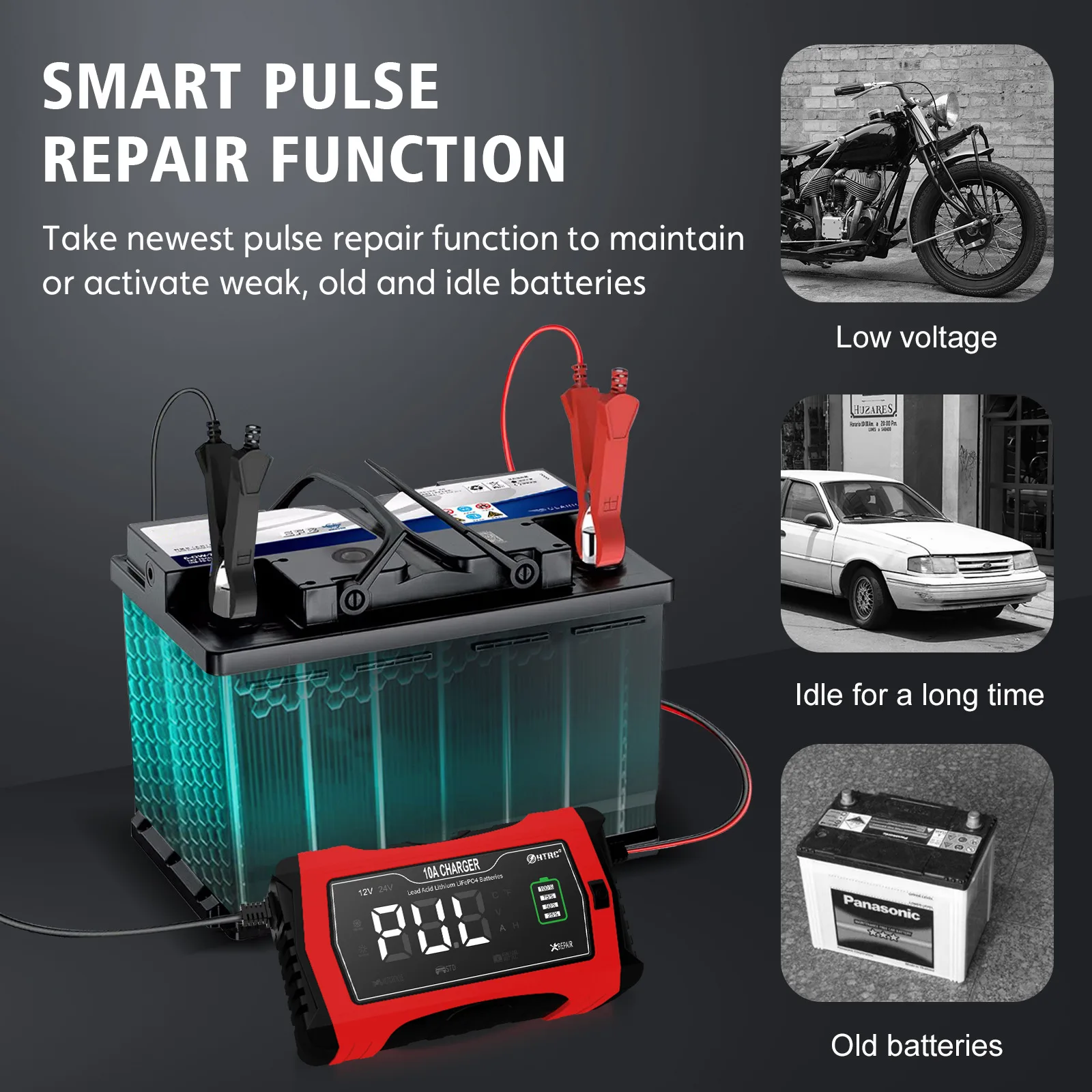 HTRC 10A Car Motorcycle Battery Charger 12V/24V/14.6V For Lithium LiFePO4 AGM GEL Lead-Acid Battery Automatic Lithium Charging