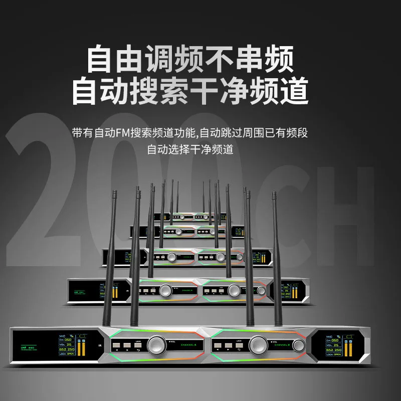 Xtuga GA808 Professional UHF Karaoke Home Singing Dynamic  Wireless Antenna Diversity Microphone With RGB Light for Church