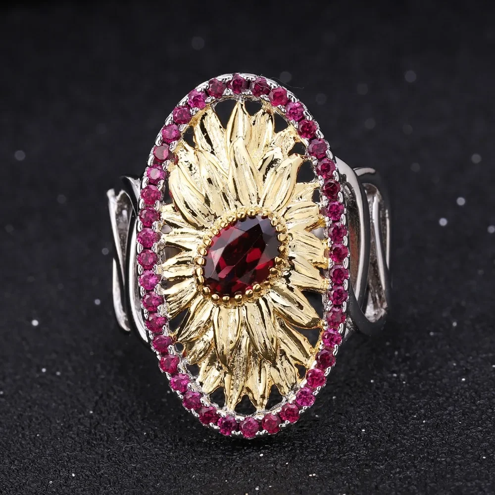 GEM'S BALLET 1.00Ct Natural Rhodolite Garnet Sunflower Rings 925 Sterling Silver Handmade Ring for Women Bijoux Fine Jewelry