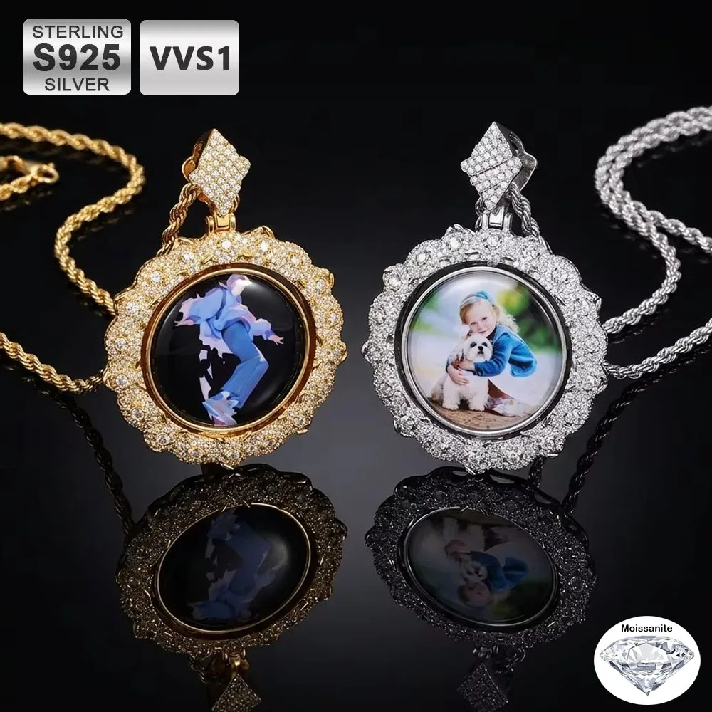 S925 Sterling Silver VVS1 Moissanite Custom Memory Photo Rotating Pendant Double Sided Round Hip Hop Exquisite Jewelry Necklace