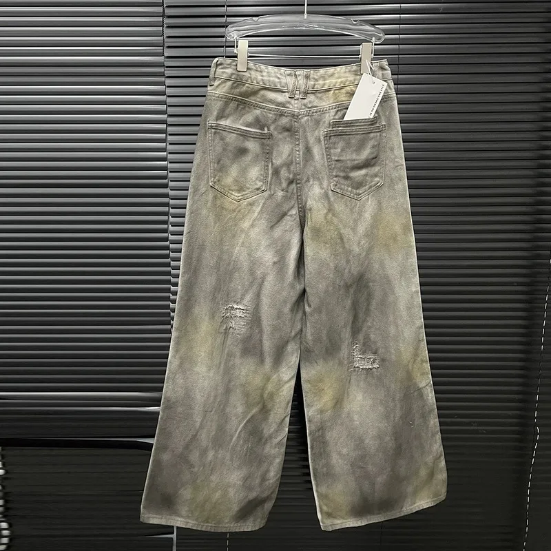 WTHT Vintage Fashion Women's Do Old Hole Wide Leg Jeans 2025 Summer Trendy High Waist Straight Denim Pants Female 1LS1875