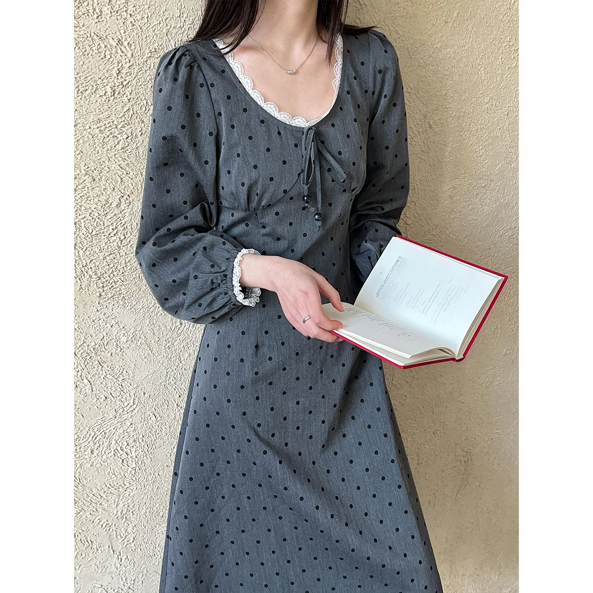 Korean Version Lace Lace Up Polka Dot Dress, Spring and Summer New Styles, Waist Cinching and Sagging Long Skirt