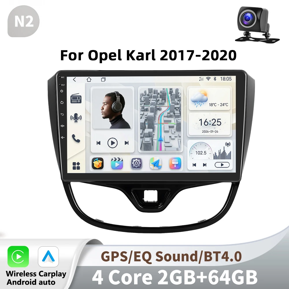 Podofo 2 Din Carplay zonder draad Android Autoradio multimedia videospeler voor Opel Karl 2017-2020 GPS Navigatie 2din Auto stereo