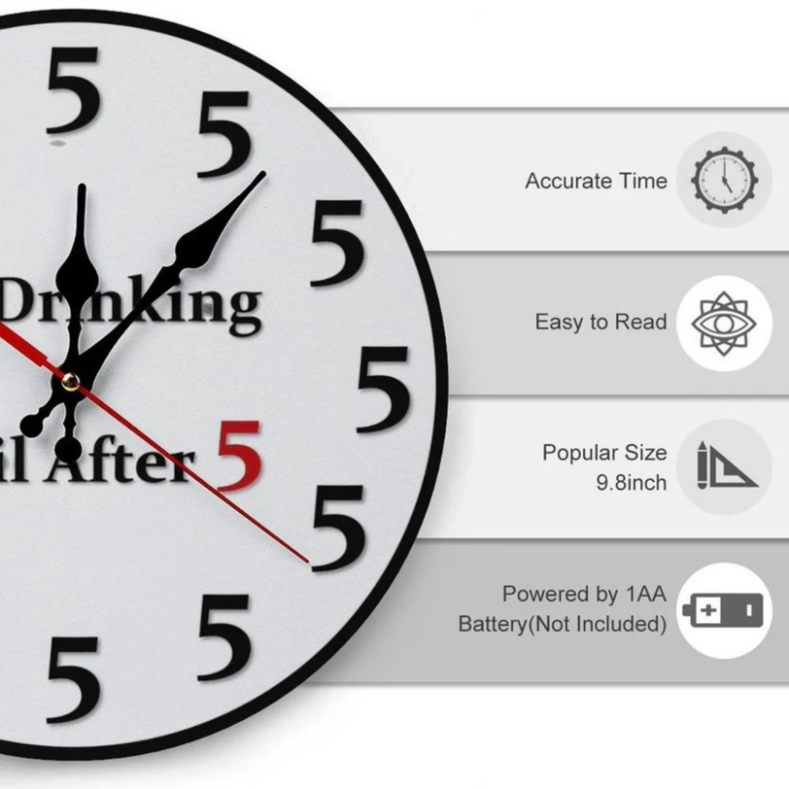 Creative No Drinking Until After 5 Wall Clock Home Decor Clock for Living Room Bedroom Kitchen Office