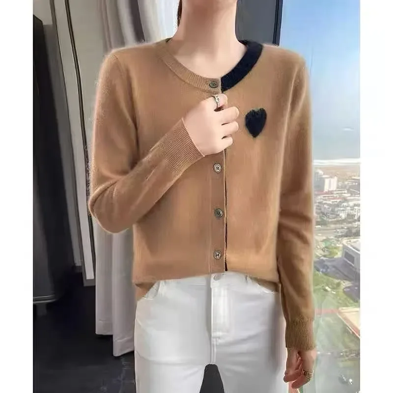 Cárdigan de punto bordado con cuello redondo y bloques de Color para mujer, nuevo estilo, moda holgada, moda perezosa