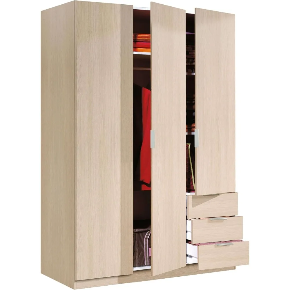 Habitdesign Armario Ropero 3 Puertas 3 Cajones, 121x180x52 (AnchoxAltoxFondo-en Cm), Color Roble