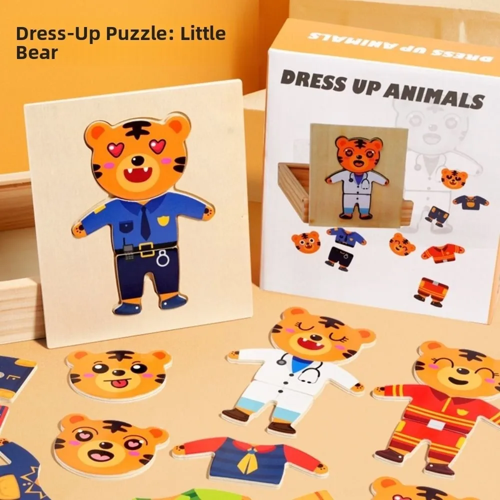 Wooden Material Wooden Jigsaw Puzzle Cartoon Design Educational Function Cartoon Change Clothes Game Bear Tiger