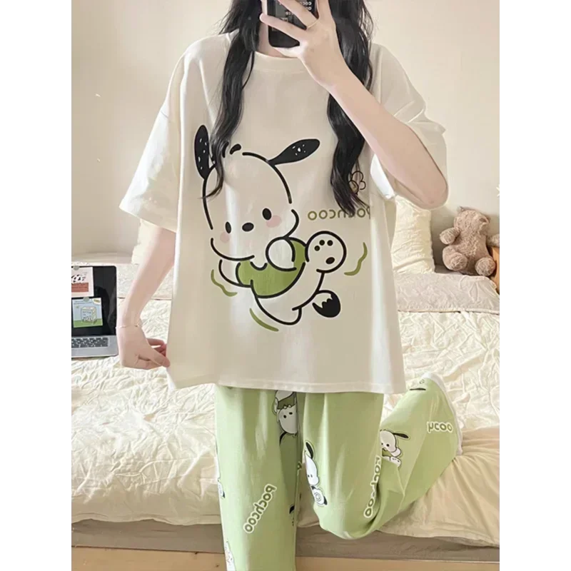 Sanrio pacha cão outono algodão novas calças de manga curta de três peças pijamas femininos de seda conjunto loungewear feminino