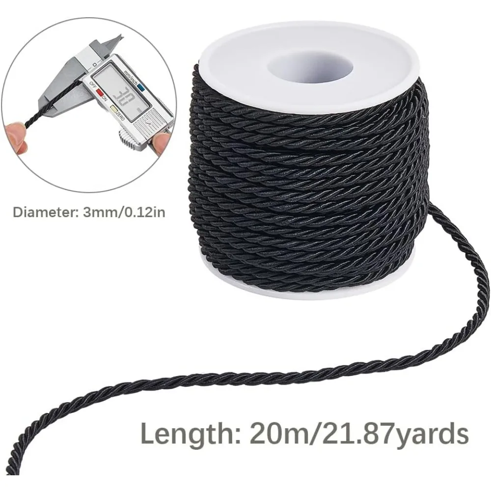 22 Yards 3mm Twisted Cord Decorative Rope Trim Black Polyester 3-Ply Silk Twine Twist Cording String Thread Graduation Honor