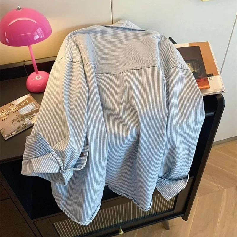 2025 Vintage Stripes Loose Polo Collar Shirt for Women Spring Long Sleeved Tops Woman Blouses