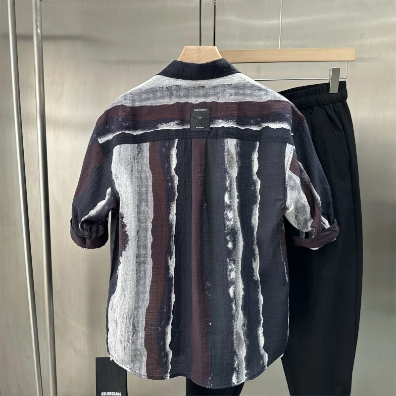 2025 Summer Personalized Striped Ink Splash Mid-sleeved Shirt Men's Loose Five-point Sleeve Loose Casual Shirt Trendy Design Top