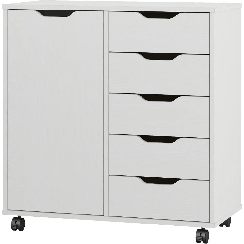 

5-Drawer Chest with 1 Door, Wooden Chest of Drawers Storage Dresser Cabinet with Wheels, Office Organization and Storage