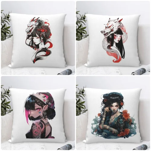일본 게이샤 패턴 디자인 프린트 쿠션 커버, 짧은 플러시 홈 장식, 거실 소파 홈 자동차 베개 케이스 