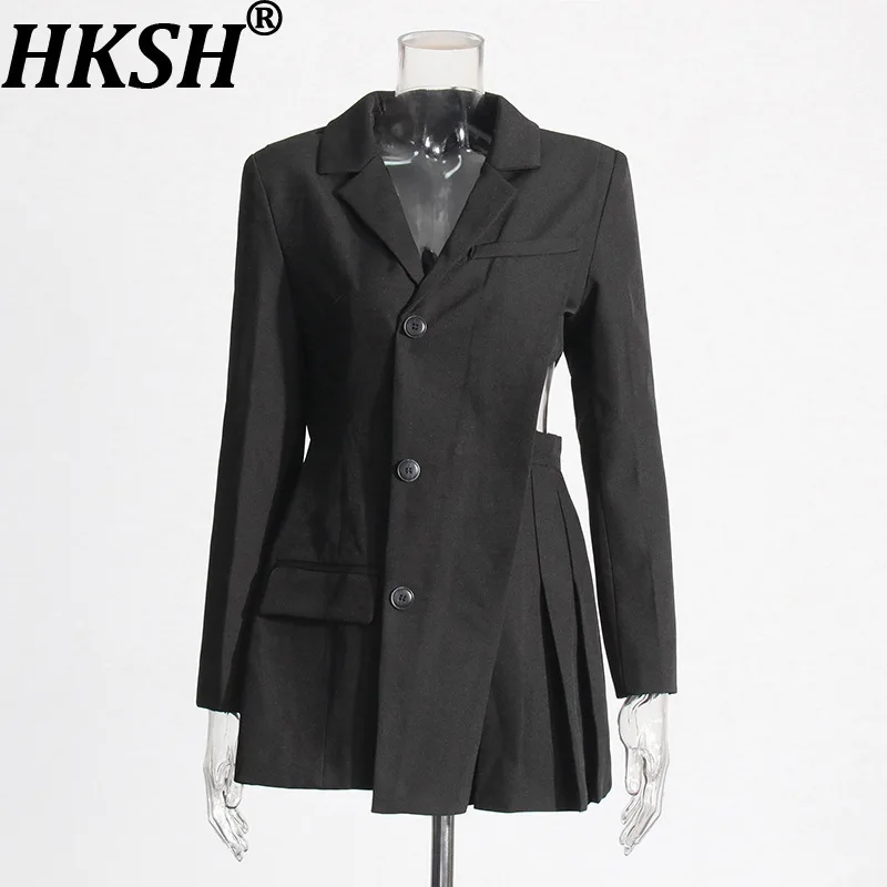 

HKSH Spring Autumn New Women French Style Elegant Blazer V-neck High-end Irregular Hollow Out Patchwork Design Chic Dress HK8685