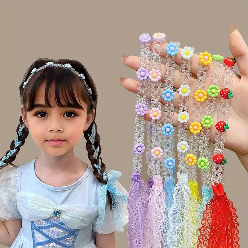 1Pcs Kids Flower Braided Hairband with Lace Tassel Tie Hair Headband, Girls Flower Flutter, Sweet Daily Party Gathering Headwear