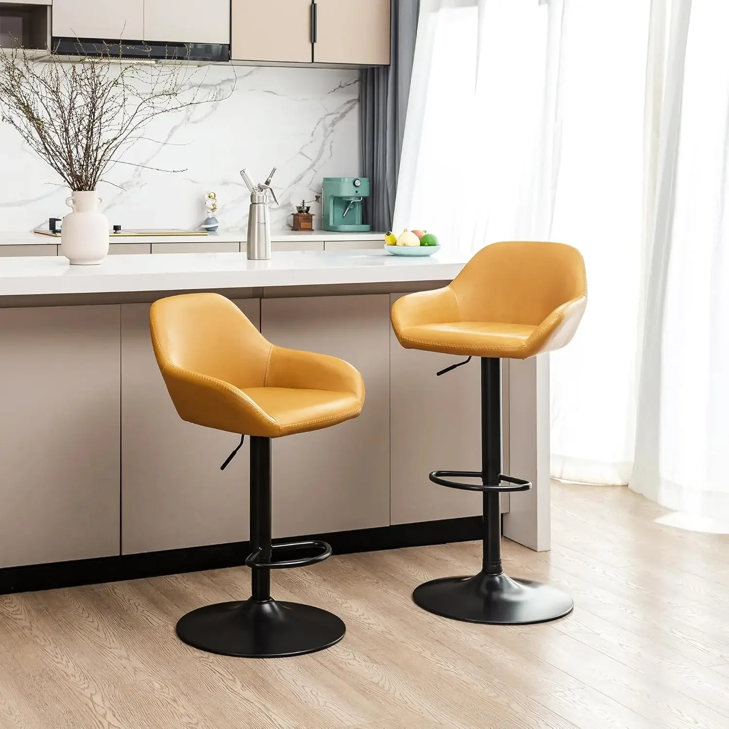Juego de 2 taburetes de bar giratorios, silla de bar ajustable de cuero vintage de mediados de siglo con respaldo y reposapiés, kit de pub moderno