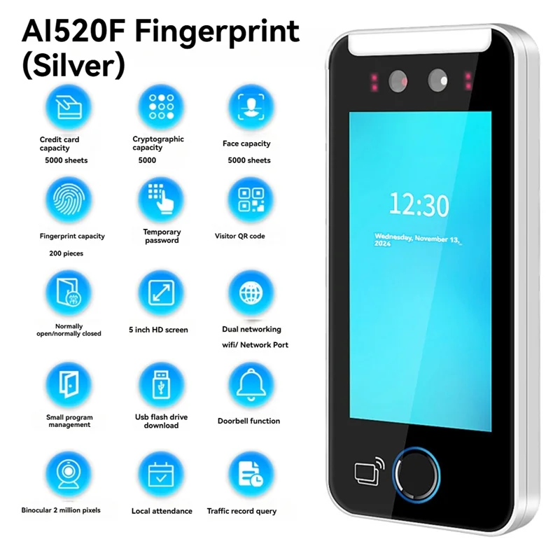 ABMF-Intelligent Biometric Fingerprint Time Attendance Machine 5000 Users 5In Touch Lcd 2MP Camera Time Attendance B
