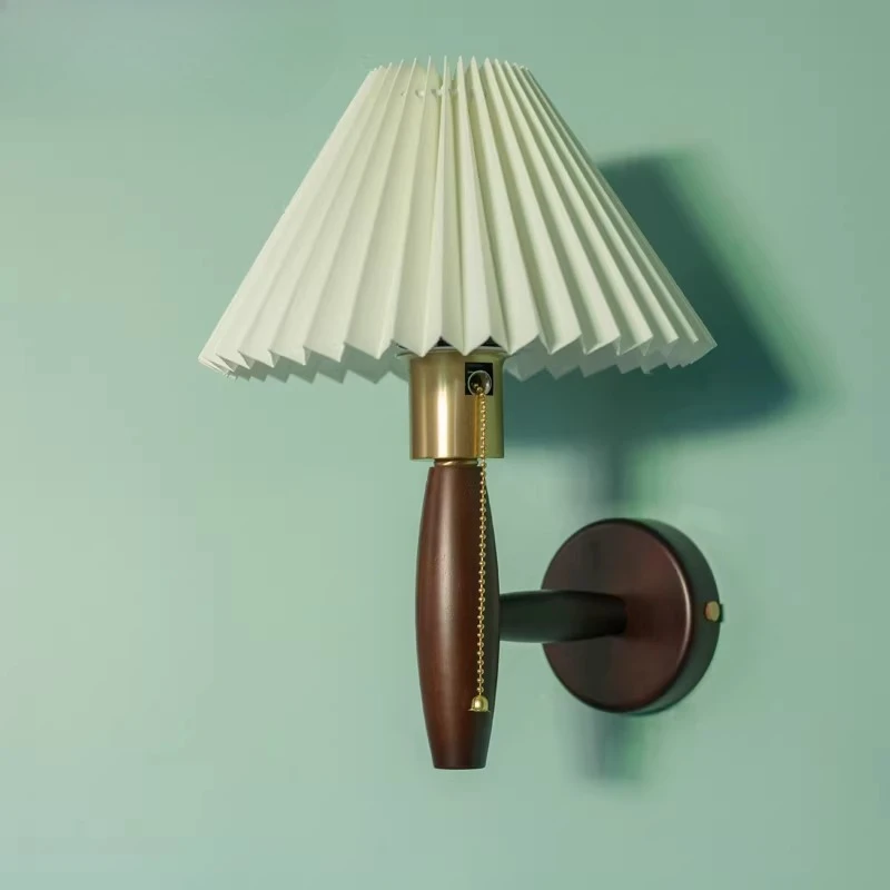 Pleated Fabric LED Wall Lamps Bedroom Living Room Restaurant Loft Bathroom Mirror Lights Nordic Walnut Wood Vintage Wall Sconces