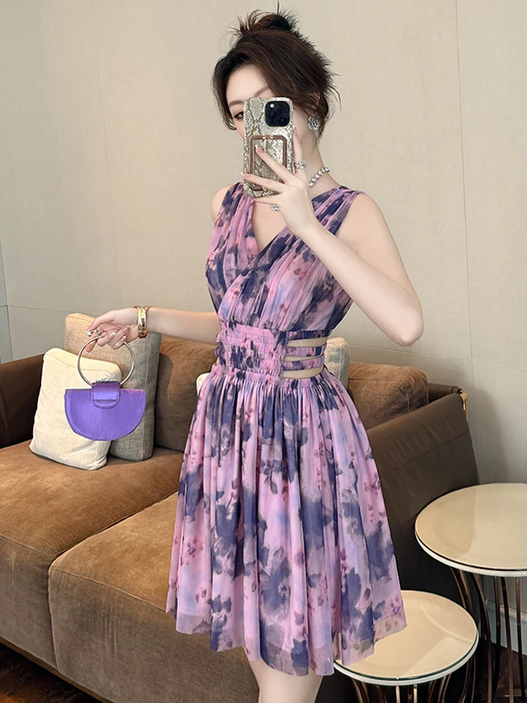 Robe de vacances française Sexy pour femmes, douce et mignonne, en maille plissée, découpée, robe de soirée, Club, vêtements courts