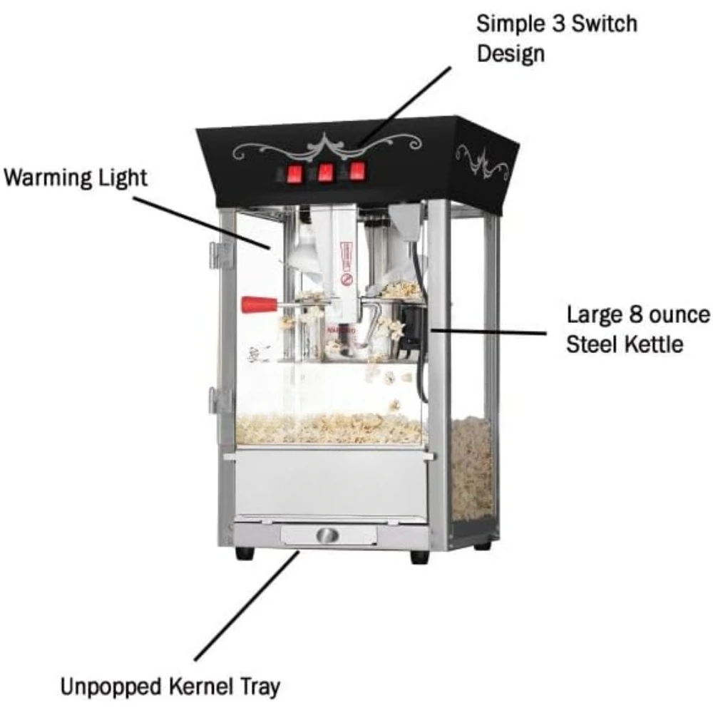 Máquina De Pipoca Com Chaleira De Aço Inoxidável, Rejeite A Bandeja Do Kernel E Aquecendo A Luz, Fabricantes De Pipoca, 8oz