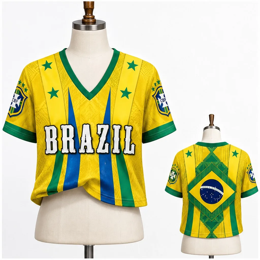 Womens Brazil V Neck Short Sleeve Crop Top Star Stripe Graphic Casual Summer Shirt for Street Travel Holiday and Daily Wear Look