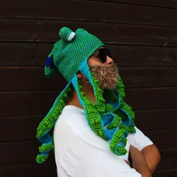 2023New Octopus Beard Knit Wool Hat Hand Weave Men Christmas Cosplay Party Funny Tricky Headgear Winter Warm Couples Beanie Caps