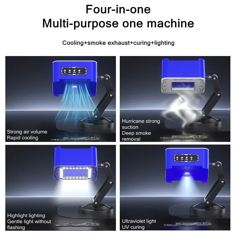 ميكانيكي FUL-4 4in1 مروحة إضاءة معالجة بالأشعة فوق البنفسجية - 3.2 وات 3 ثانية معالجة سريعة لاستخراج الدخان حامل قابل للتعديل لأداة إصلاح الهاتف المكتبي