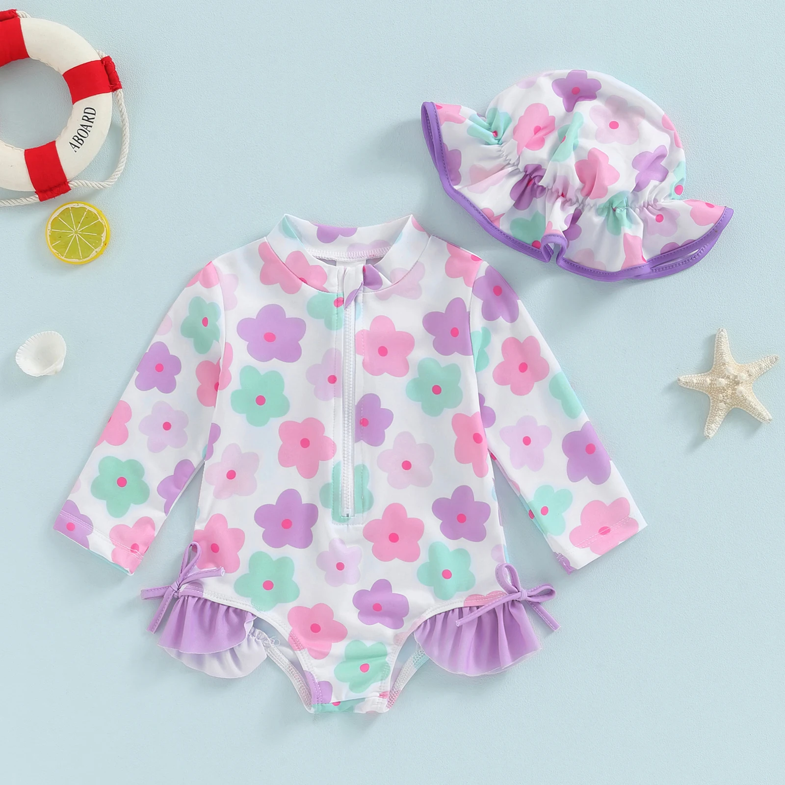Baby Girls Floral Print Long Sleeve Swimsuit with Cap 2